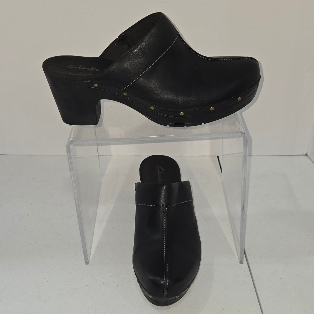 Clarks Womens 9.5M Black Leather Studded Clog Mules Block Heel 38364 AD31